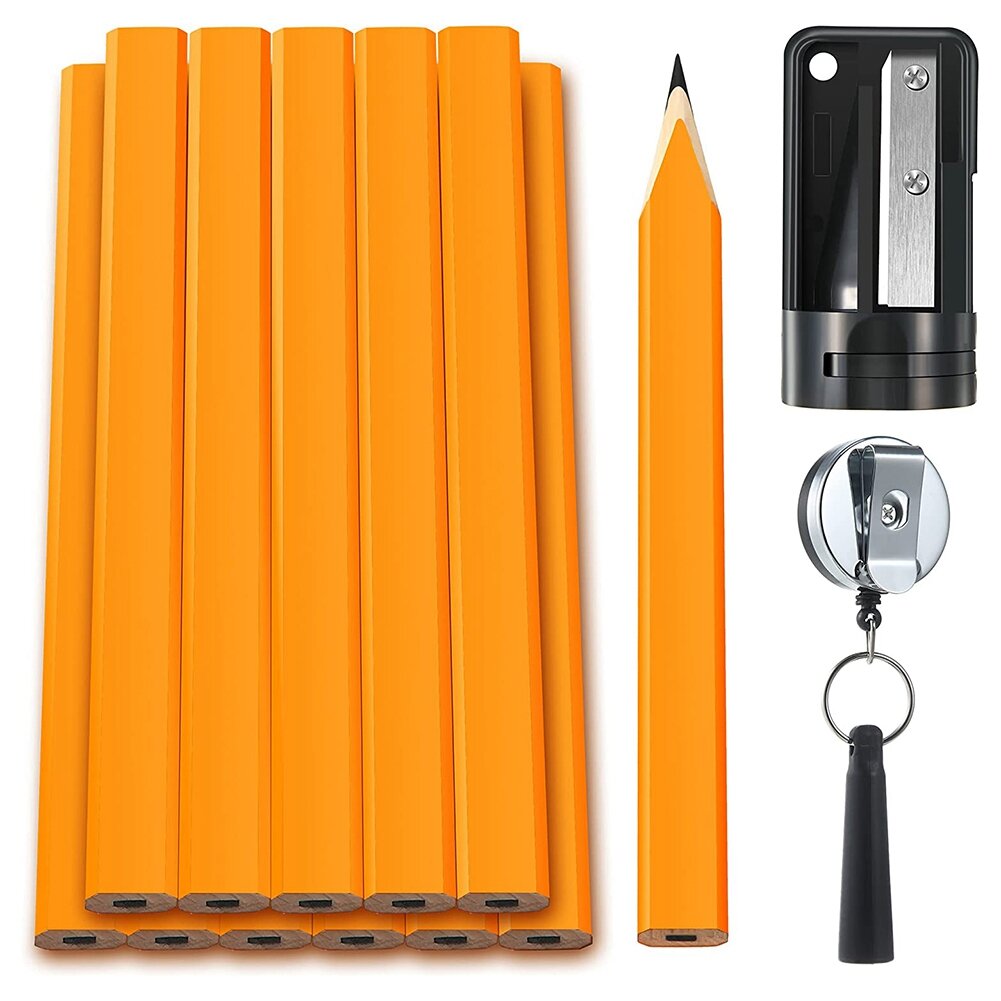12 Pcs 7 Inches HB Flat Octagonal Carpenter Marking Pencils with Pencil Sharpener, Retractable Pen Holder